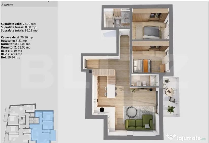 Apartament cu 3 camere decomandat în Central