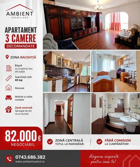 Apartament cu 3 camere decomandat, mobilat în Central