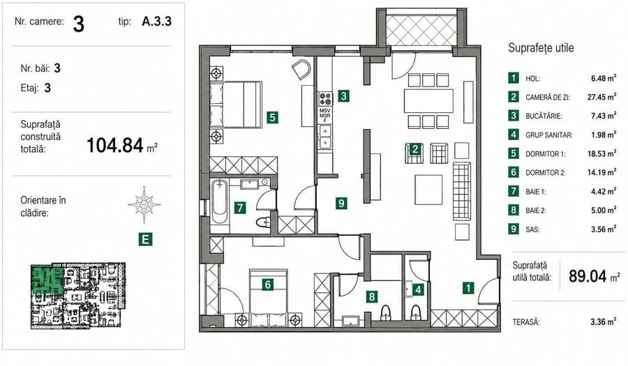 Apartament cu 3 camere în Sisești