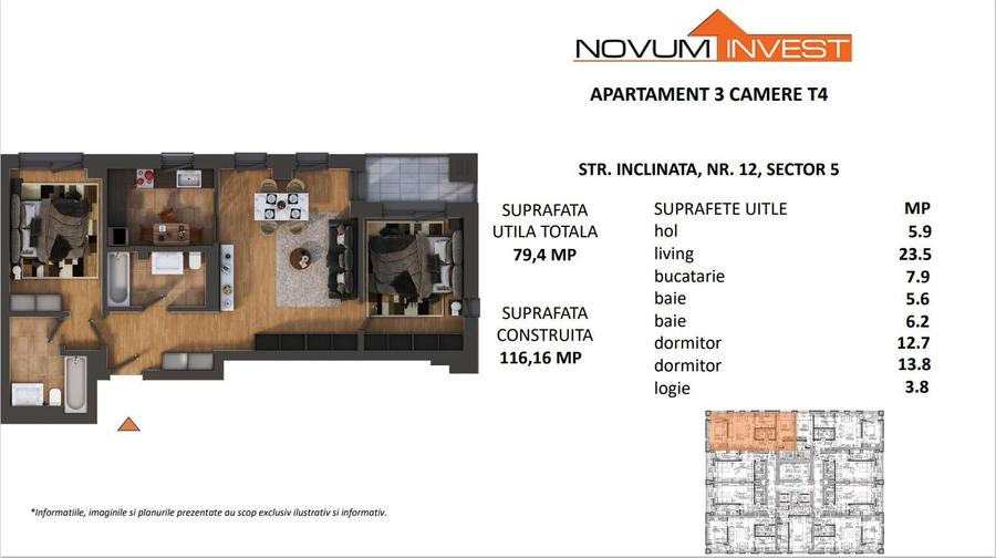 Apartament cu 3 camere semidecomandat în Viilor