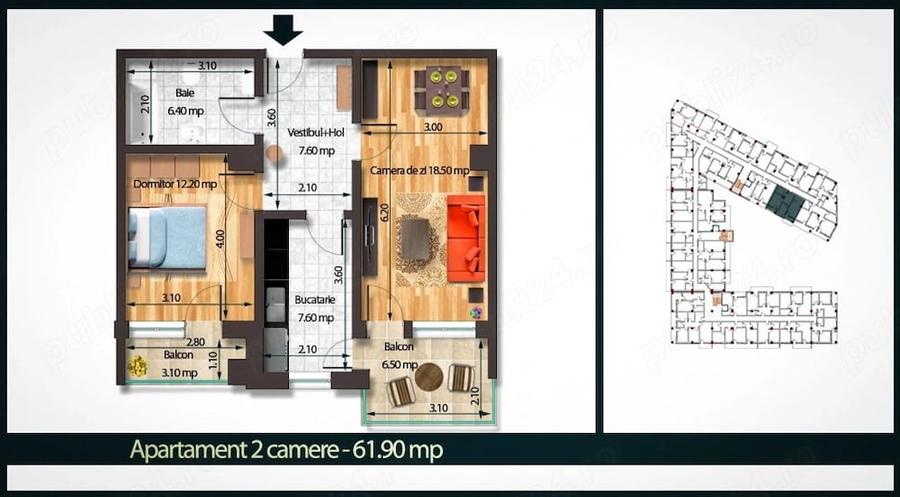 Apartament cu 2 camere decomandat în Central