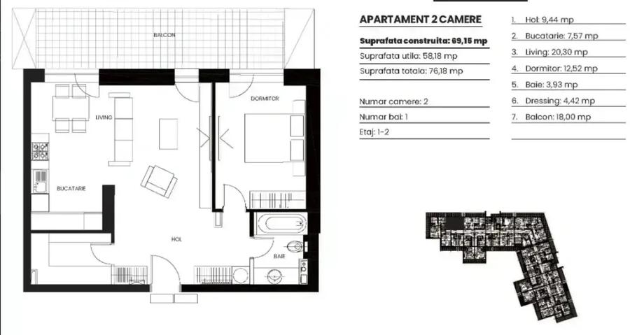 Apartament 2 camere sut 76,18mp,Bloc boutique,Metrou Pipera,Comision 0% - 7