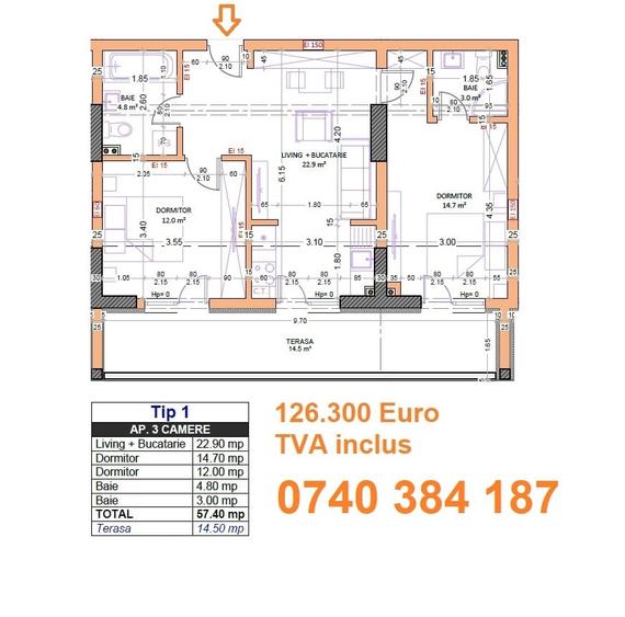 Apartament cu 3 camere semidecomandat în Central