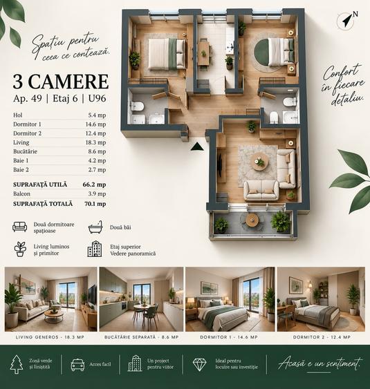 Apartament cu 3 camere decomandat în Berceni