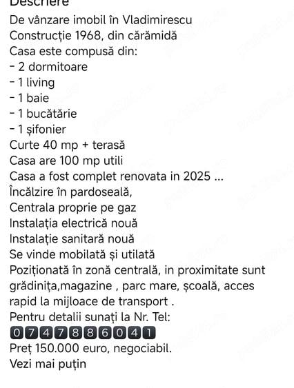 Casă cu Teren 60 Mp în Vladimirescu