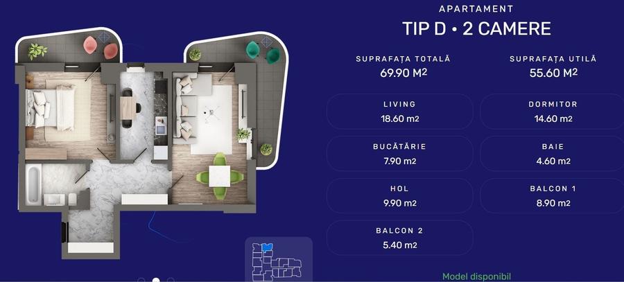 Apartament cu 2 camere decomandat în Galata