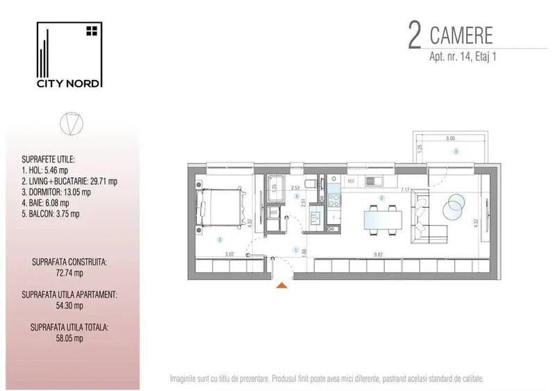 Apartament cu 2 camere semidecomandat în Sud