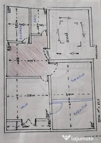 Apartament cu 3 camere semidecomandat în Ipotești