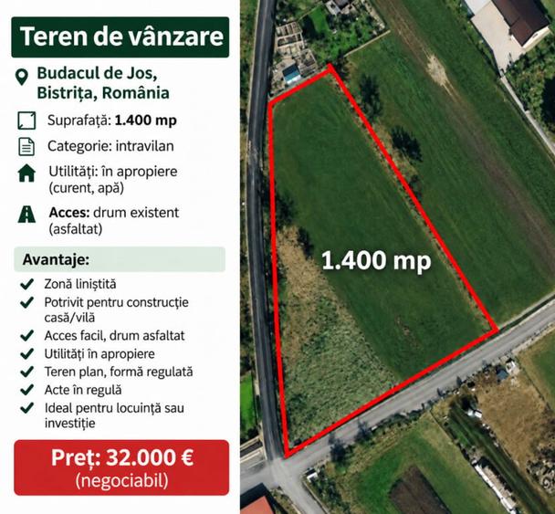 Teren de 1400 mp, în Budacu de Jos