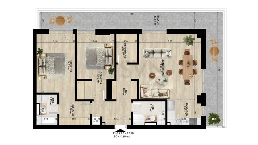Apartament cu 3 camere semidecomandat în Pipera