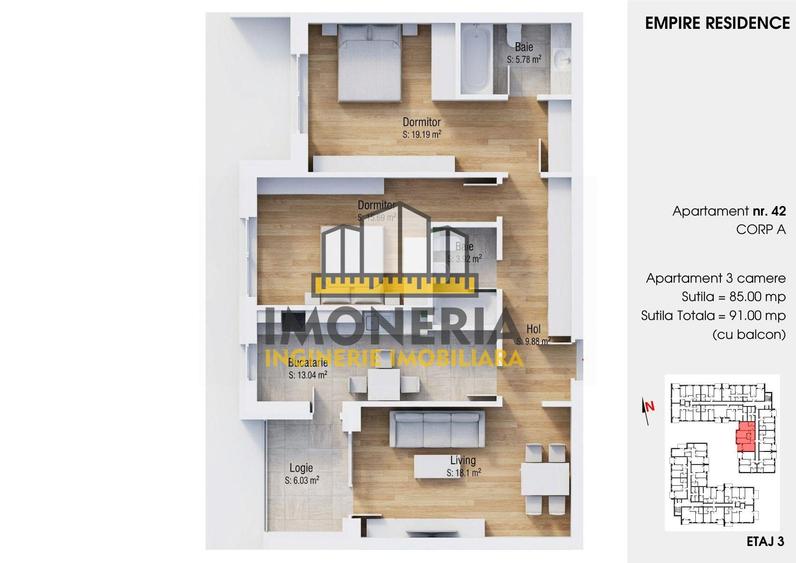 Apartament cu 3 camere decomandat în 1 Decembrie 1918