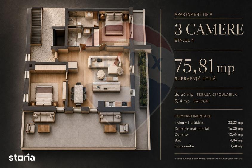 Apartament cu 3 camere în Tractorul
