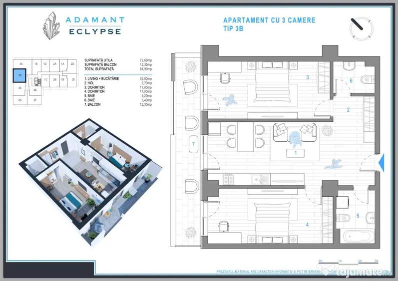 Apartament cu 3 camere semidecomandat în Nicolina