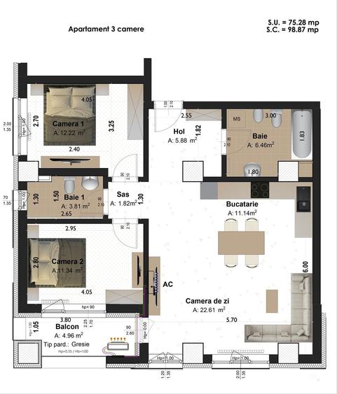Apartament cu 3 camere în Central
