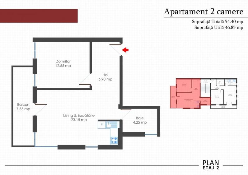 Apartament cu 2 camere semidecomandat în Apusului