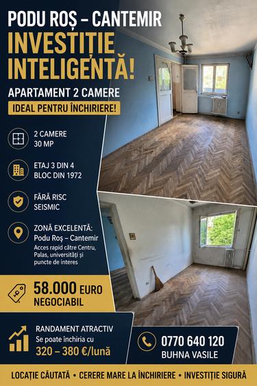Apartament cu 2 camere semidecomandat în Podu Roș