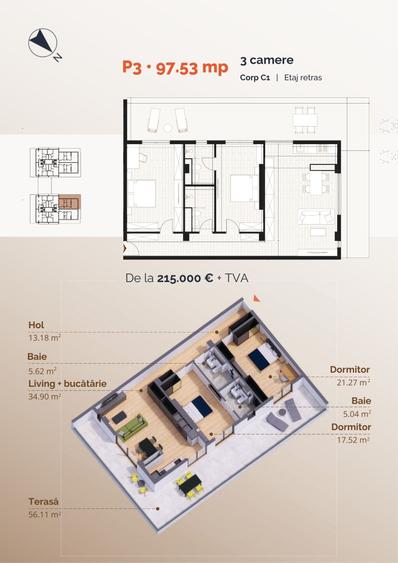 Penthouse cu 3 camere decomandat în Torontalului