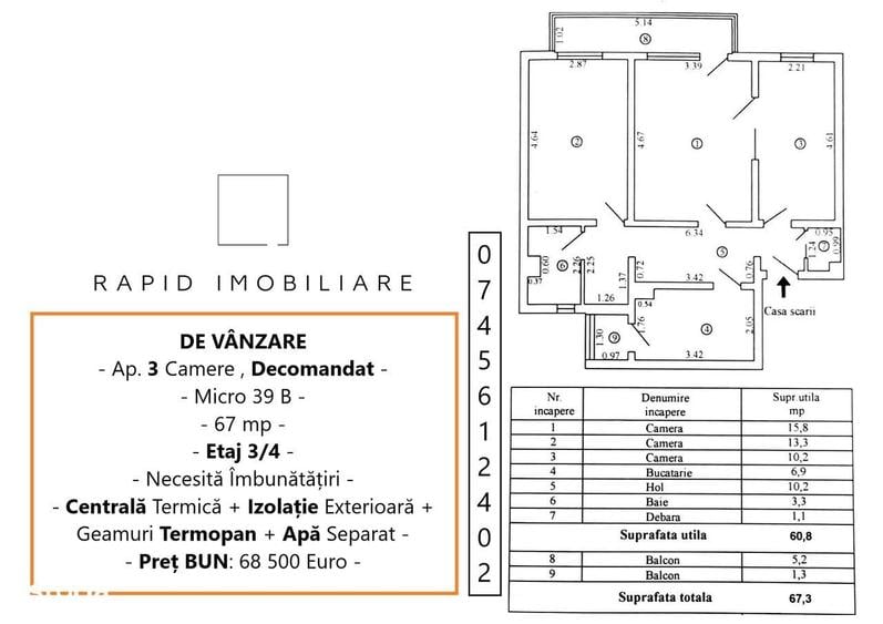 Apartament cu 3 camere decomandat în Micro 39