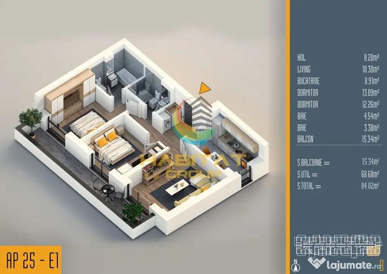 Apartament cu 3 camere decomandat în Titan