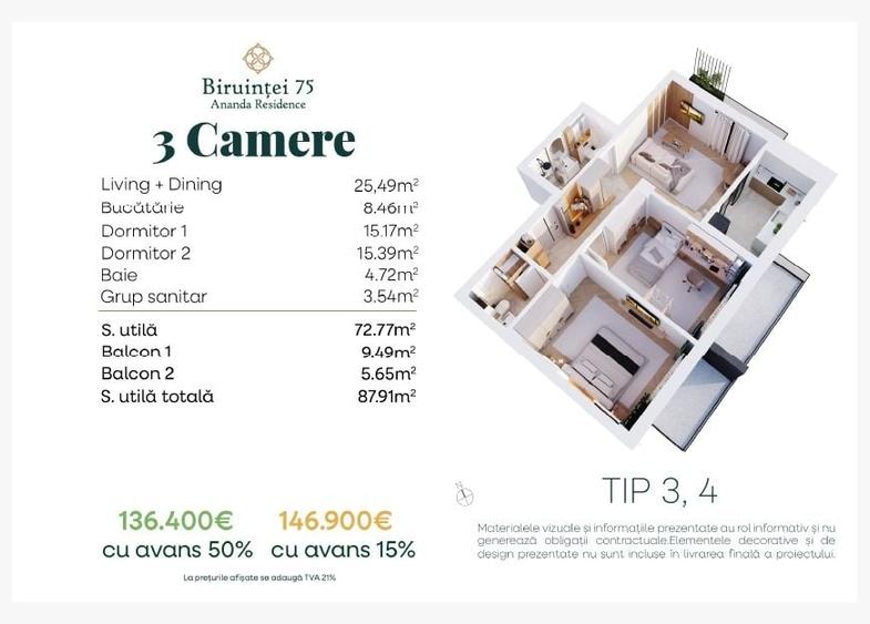Apartament cu 3 camere în Central