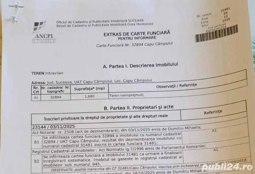 Teren de 2830 mp, în Capu Câmpului