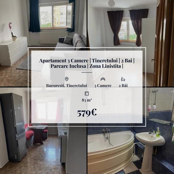 Apartament cu 3 camere semidecomandat, mobilat în Tineretului