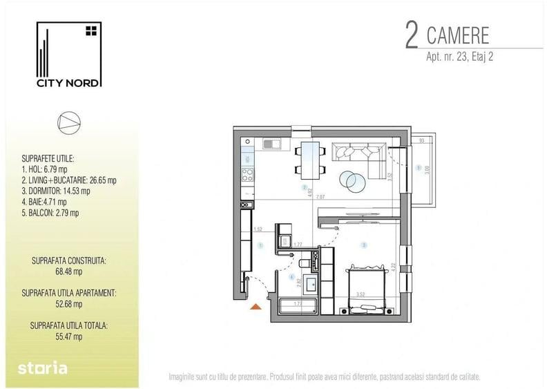 Apartament cu 2 camere în Nord