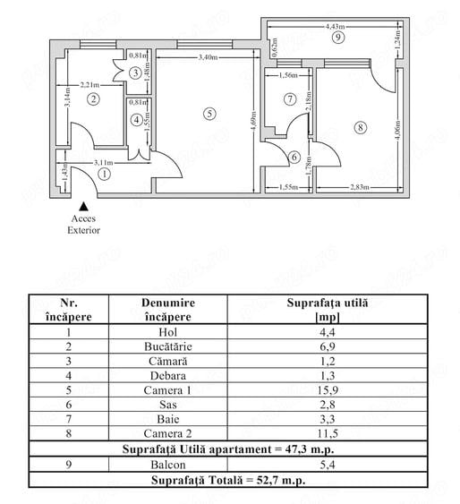 Apartament cu 2 camere semidecomandat în Mărăței