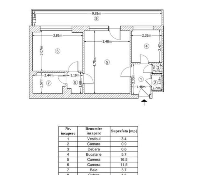 Apartament cu 2 camere semidecomandat în Iancului