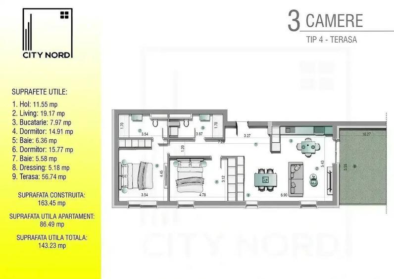 Apartament cu 3 camere decomandat în Tunari
