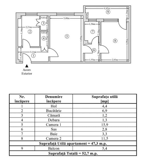 Apartament cu 2 camere semidecomandat în Mărăței
