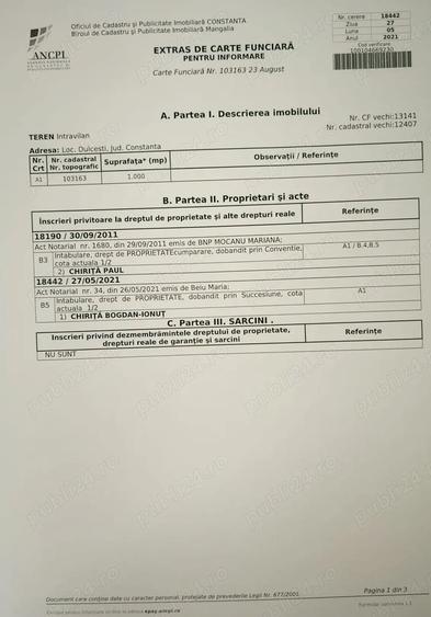 Teren de 1000 mp, în 23 August