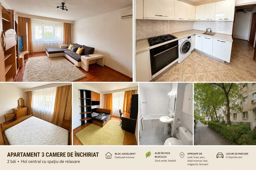Apartament cu 3 camere decomandat, mobilat în Central