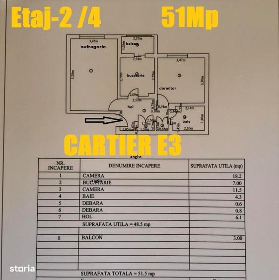 Apartament cu 2 camere decomandat în E3