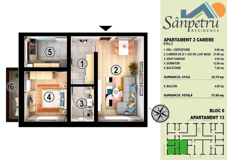 Apartament cu 2 camere decomandat în Sânpetru