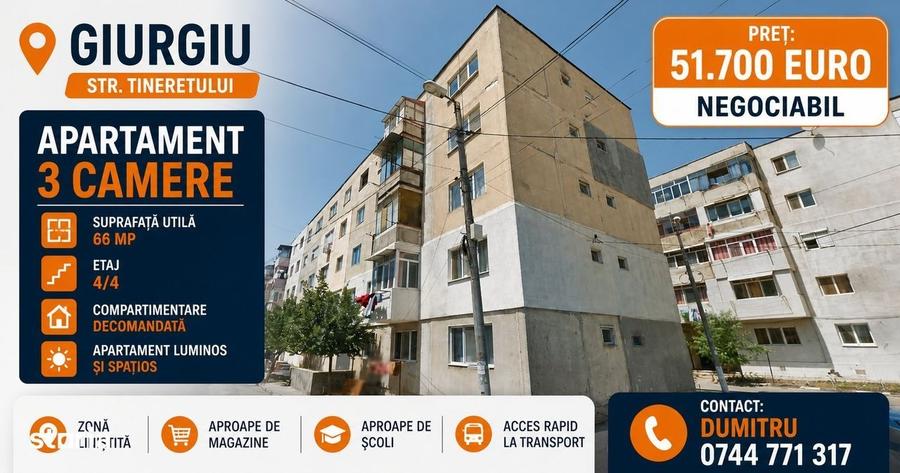 Apartament cu 3 camere în Tineretului