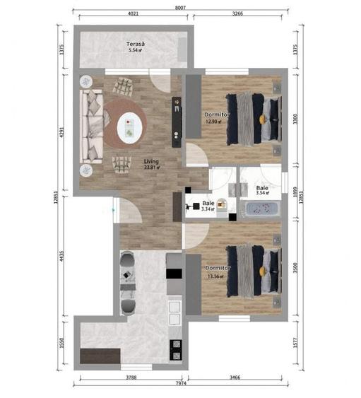 Apartament cu 3 camere semidecomandat în Chiajna