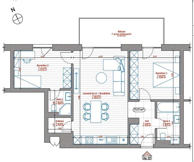 Apartament cu 3 camere nedecomandat în Aradului