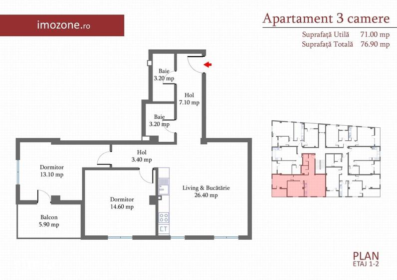 Apartament cu 3 camere decomandat în Militari