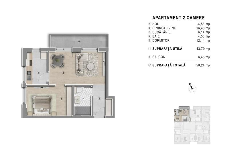 Apartament cu 2 camere semidecomandat în Sud