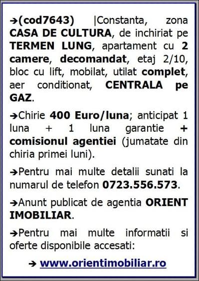 Apartament cu 2 camere decomandat în Casa de Cultură