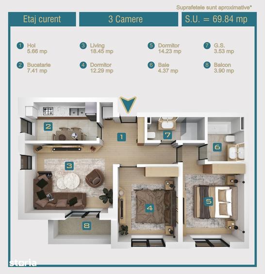 Apartament cu 3 camere decomandat în Chiajna