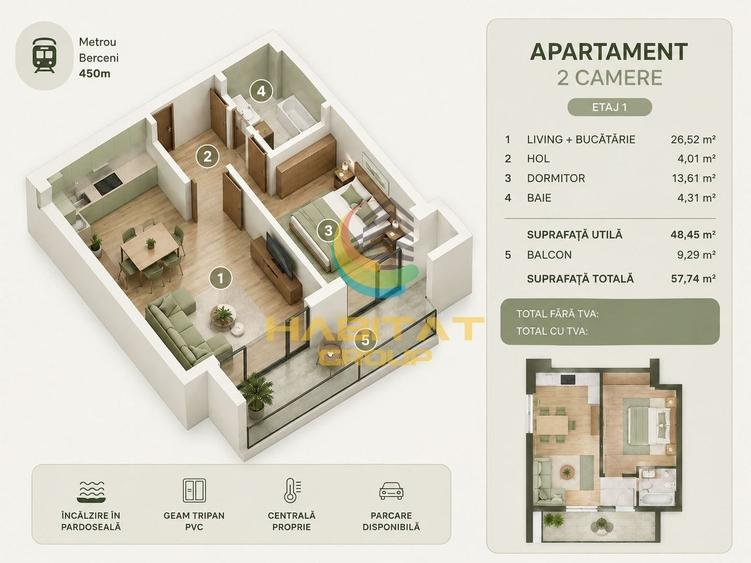 Vânzare Apartament 2 camere 58 mp  - Popești Leordeni | 5 min Metrou Berceni - 2