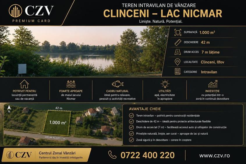 Teren Construcții intravilan de 1000 mp, în Clinceni