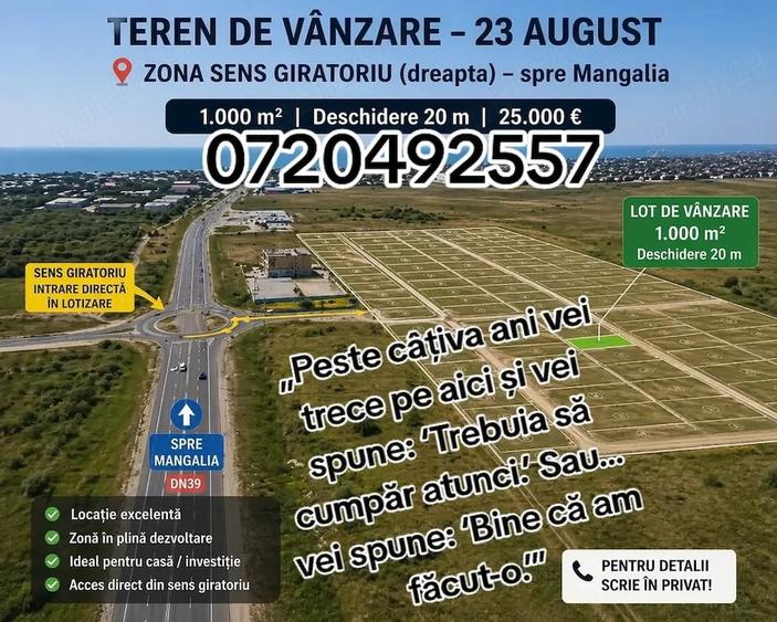 Teren de 1000 mp, în 23 August