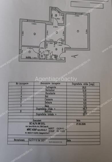 Apartament cu 2 camere, decomandat, 53,39 mp – Piața Centrală, bloc din 1988
