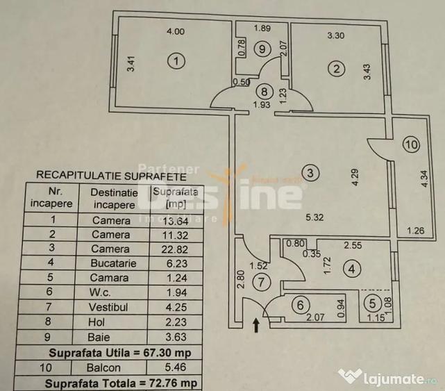 Apartament cu 3 camere semidecomandat în 1 Mai