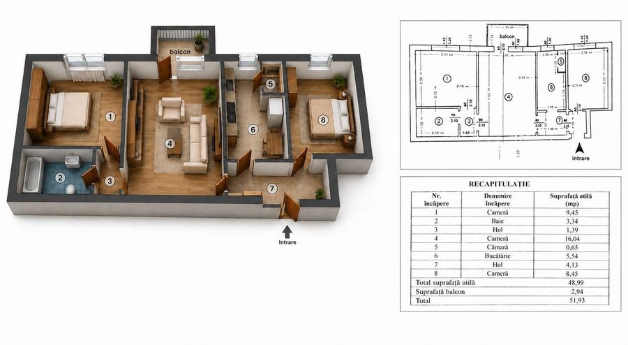 Apartament cu 3 camere semidecomandat, mobilat în Tătărași