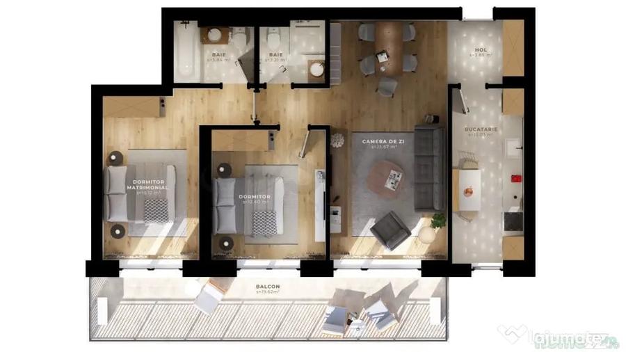 Apartament cu 3 camere decomandat în Tunari