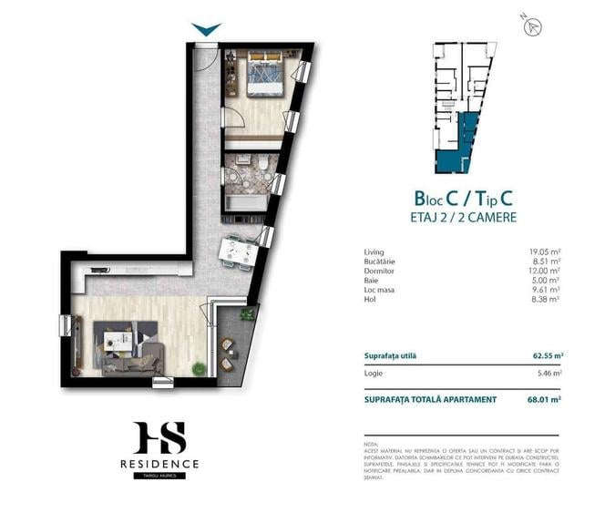 Apartament cu 2 camere în Sântana de Mureș